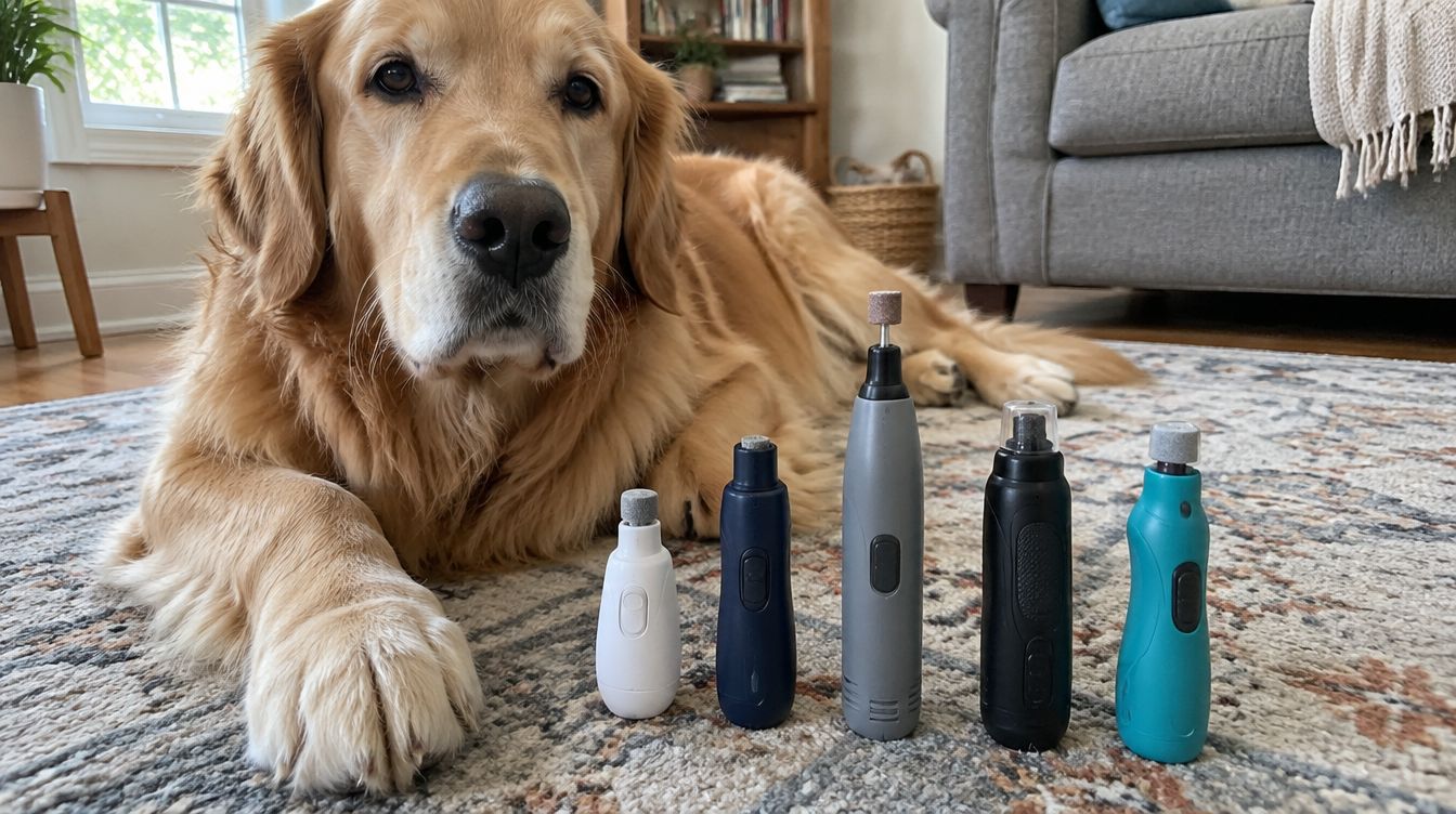A large dog's paw next to five different nail grinders